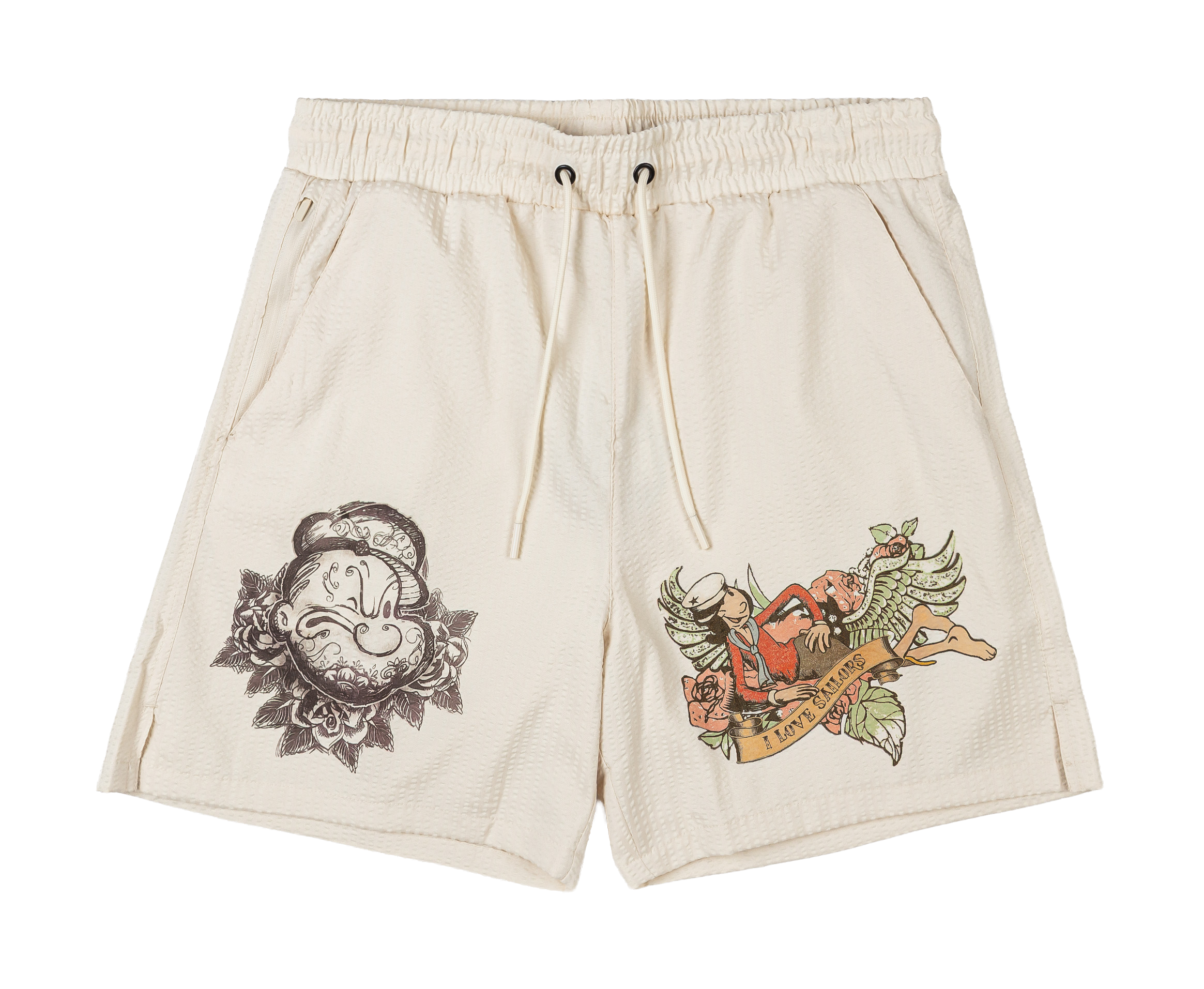 Beige shorts with decorative prints on both sides.