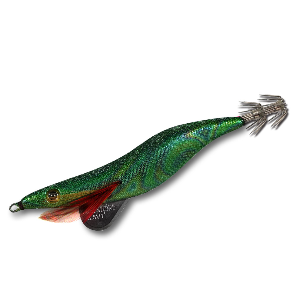 Green fishing lure with red accents and silver hooks.