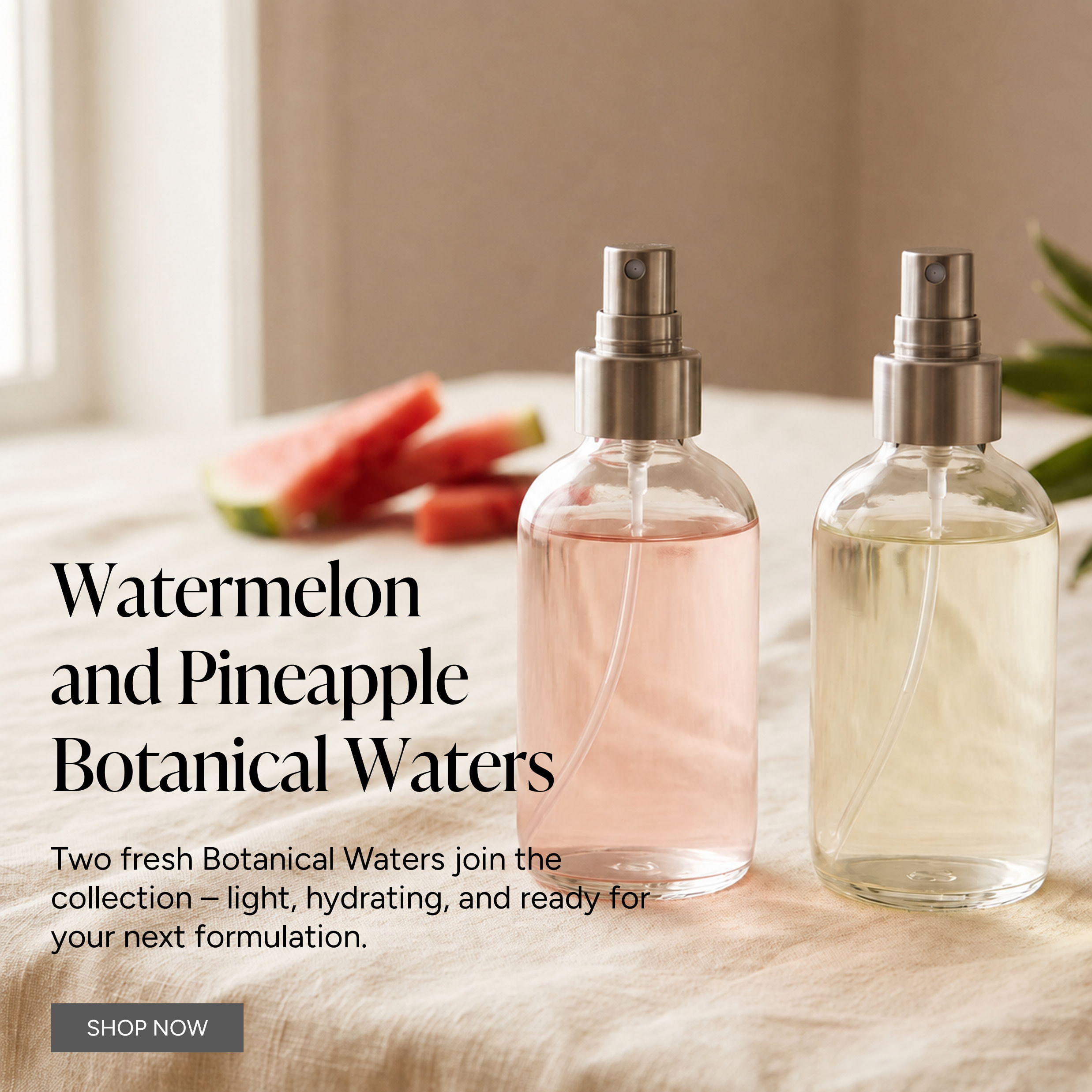 Watermelon and pineapple botanical waters in glass spray bottles.