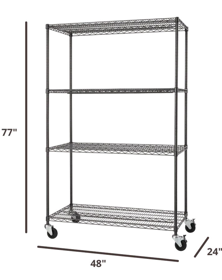 77 inches tall by 48 inches wide by 24 inches deep wire shelving rack with wheels