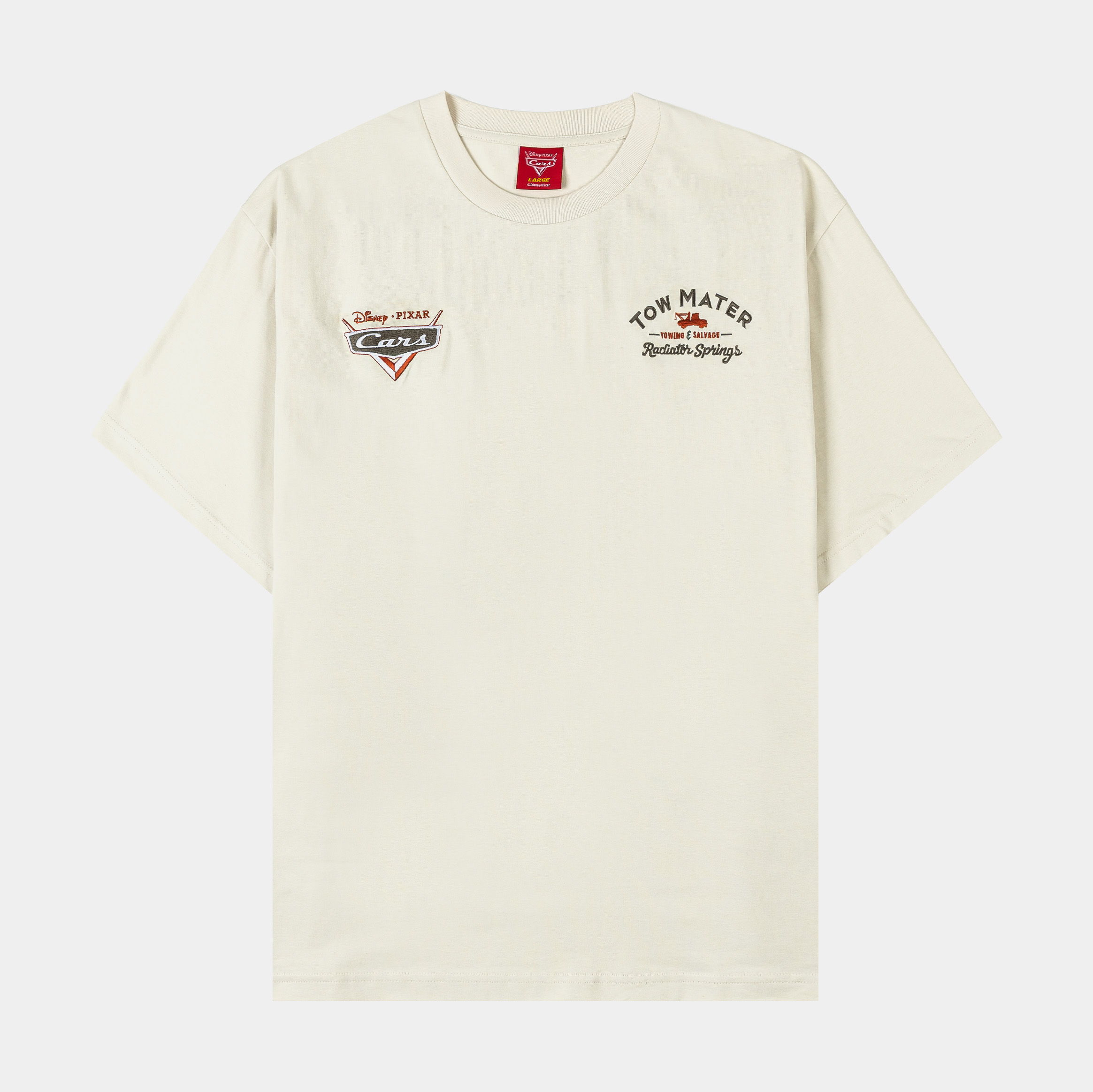 Cream-colored t-shirt with printed logos on the front.