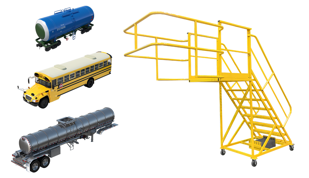 Custom enclosed cantilever access platform designed for inspection and maintenance of tanker rail cars, buses, and tanker trucks
