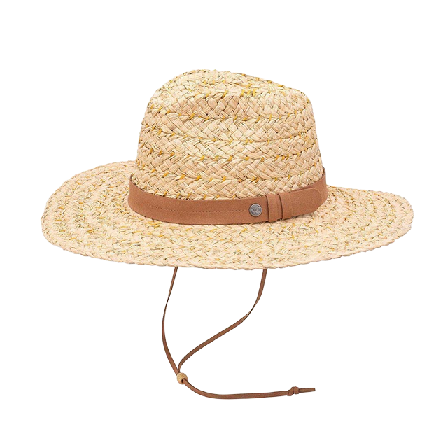 Straw sun hat with a brown band and adjustable chin strap.