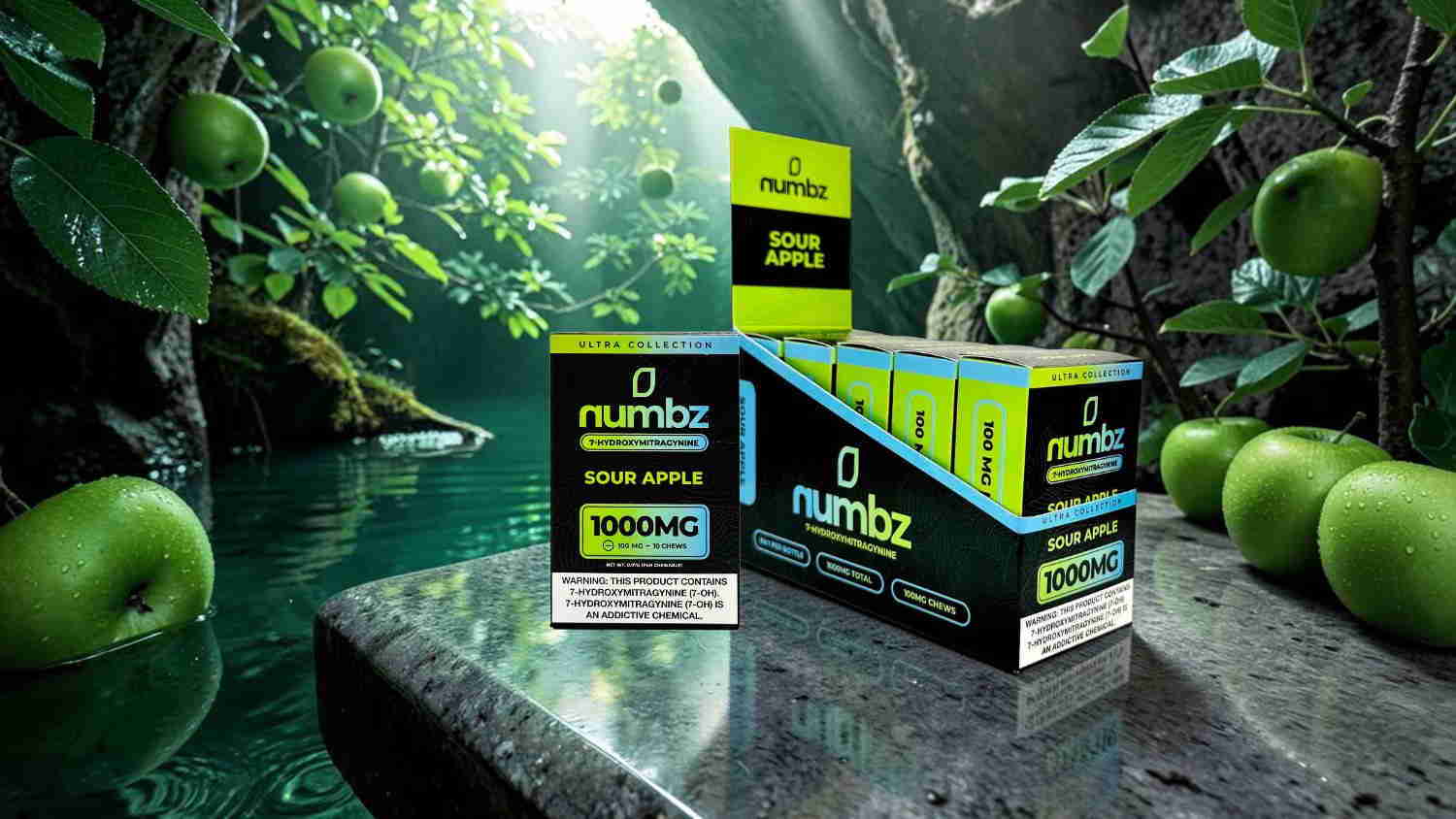Nutritional product boxes displayed in a lush, green environment.
