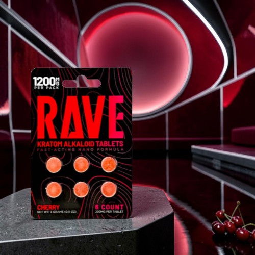 Cherry-flavored RAVE kratom tablets in a black packaging on a stylish background.