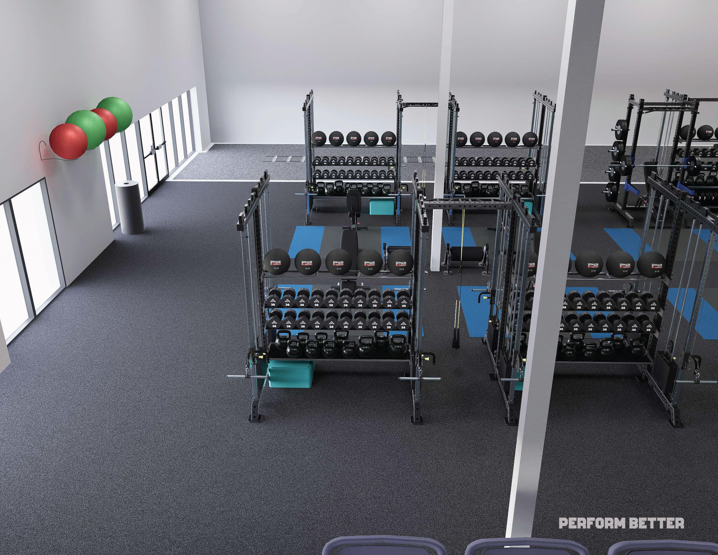 Gym interior featuring weightlifting equipment and open space.