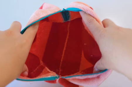  Finished towel pouch, bag open showing the interior