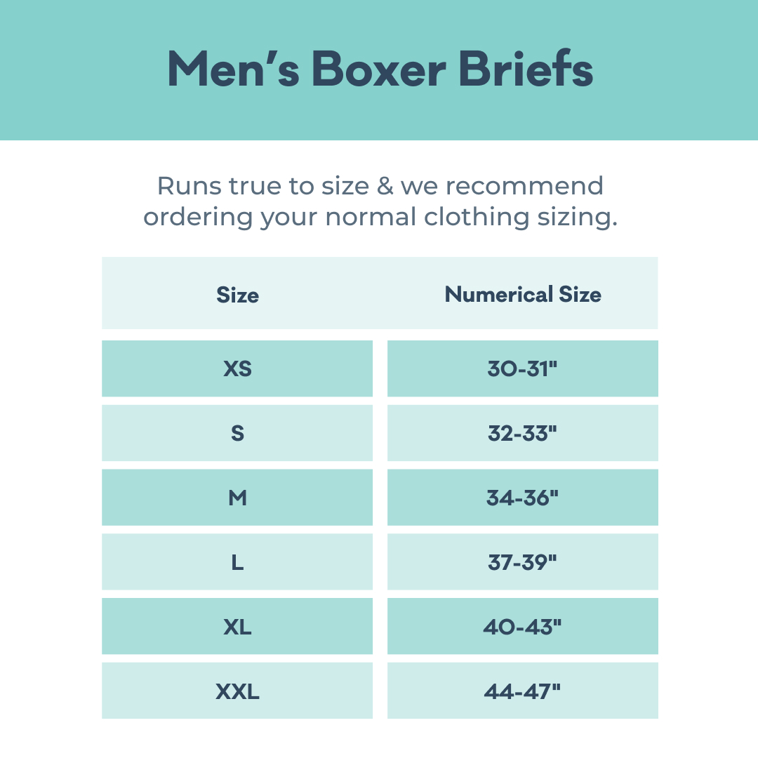 Men's Boxer Brief Size Chart: size xs 30-31in waist; size s 32-33in waist; size m 34-36in waist; size L 37-39in waist; size XL 40-43in waist; XXL 44-47in waist