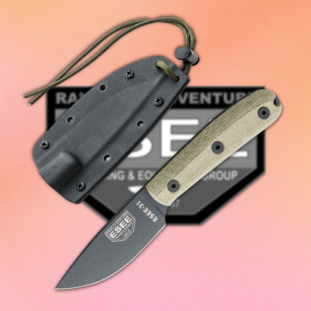 Knife with sheath against a colorful background featuring a logo.