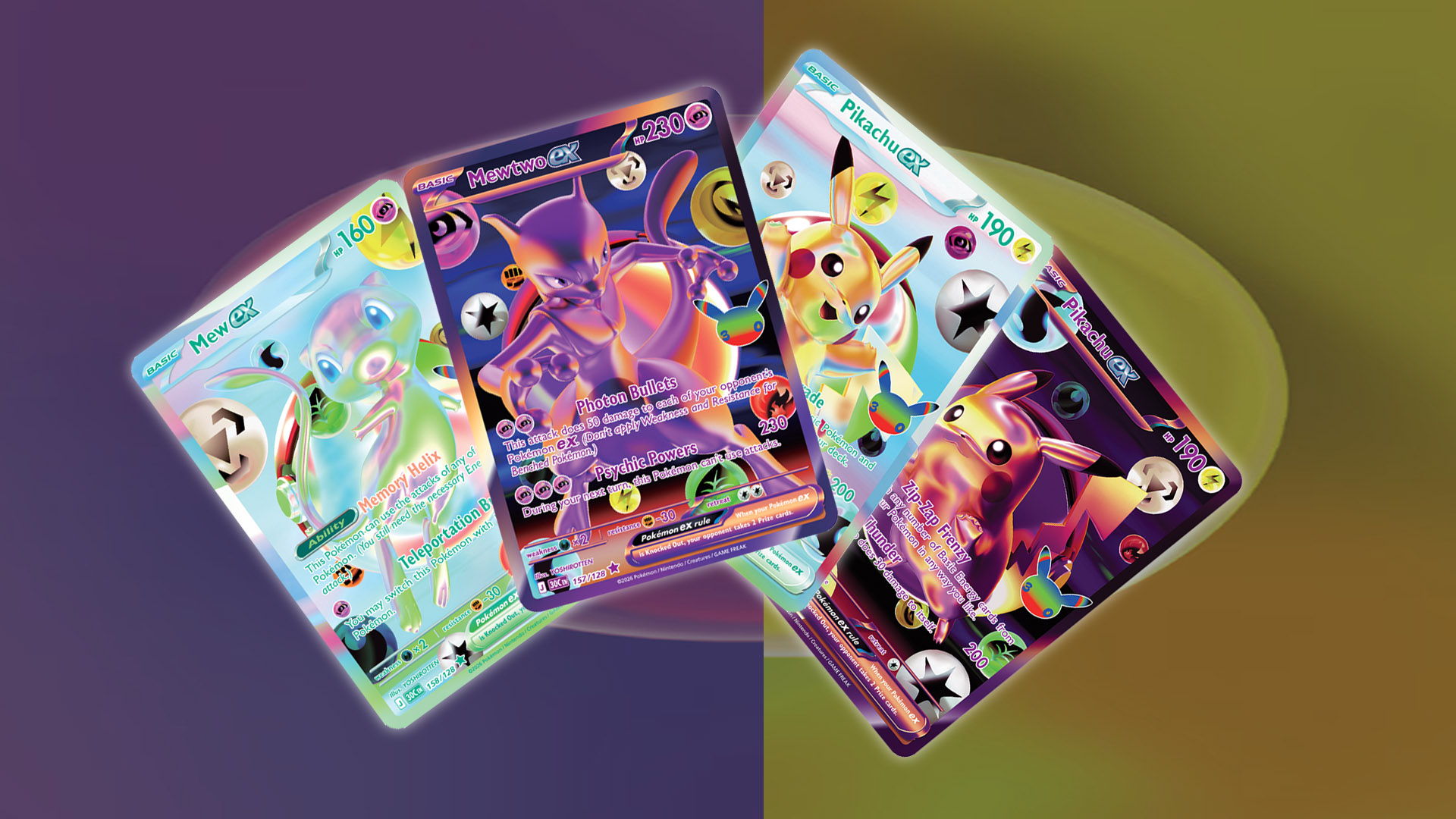 Mew ex, Mewtwo ex, and two ex Pikachu cards. All of the currently available Futuristic Rare Pokémon cards.