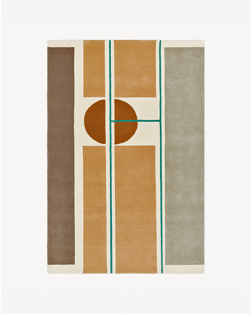 Abstract Toulemonde Bochart geometric design with circles and rectangles in earthy colors.