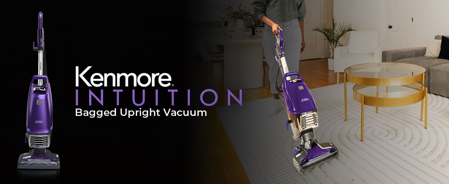Kenmore Intuition bagged upright vacuum in a modern living room setting.