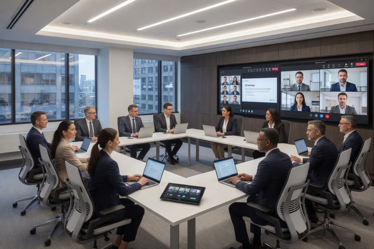 Business meeting with participants in a modern conference room and video call.