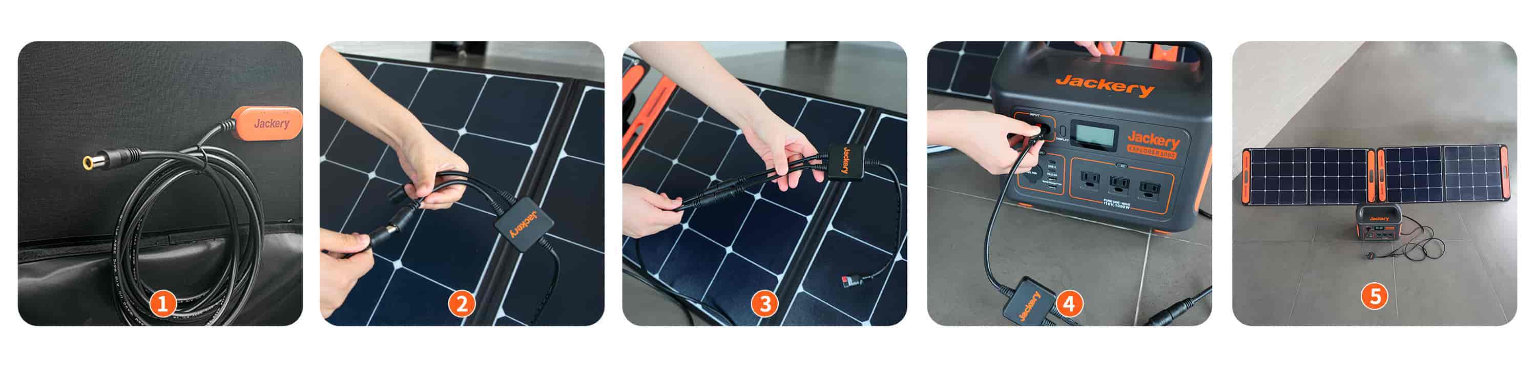 The steps to connect two SolarSaga 100W solar panels together with an adapter cable.