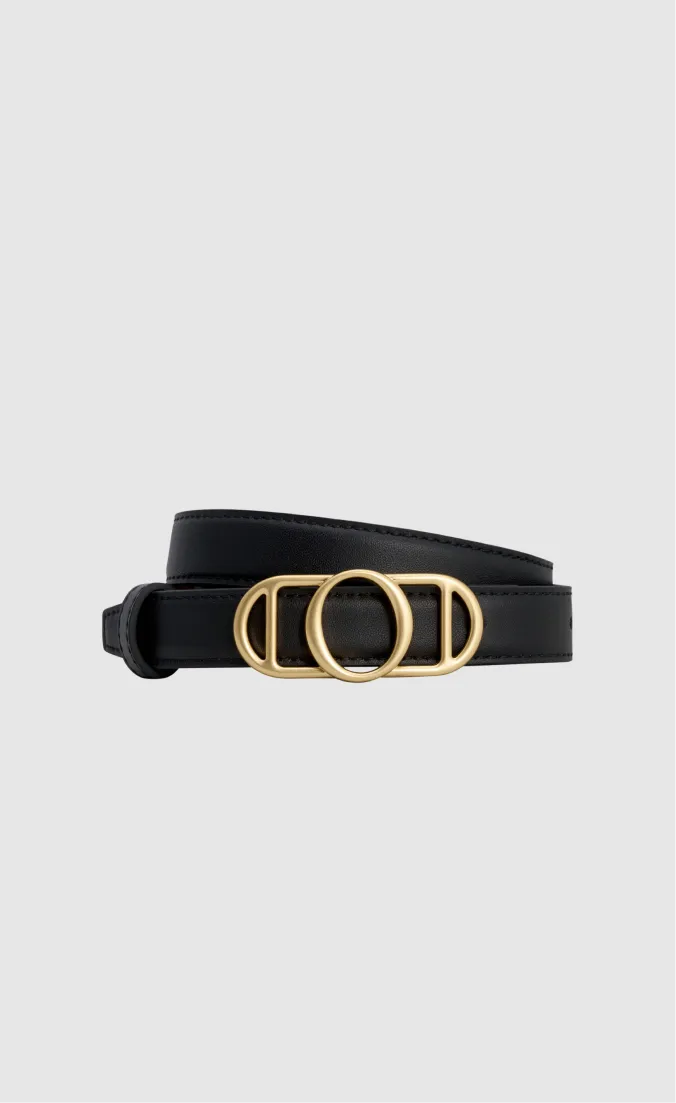 Black belt with gold circular buckle detail.