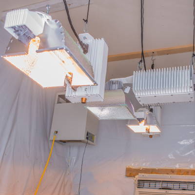 A commercial double ended grow light hanging high above plants.