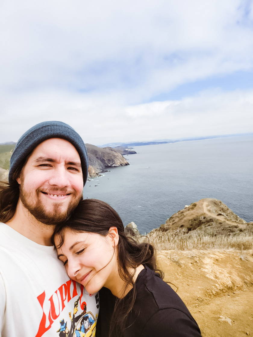 Artist Patricia Vargas visits Muir Beach, CA - My husband and I at the top of a hill
