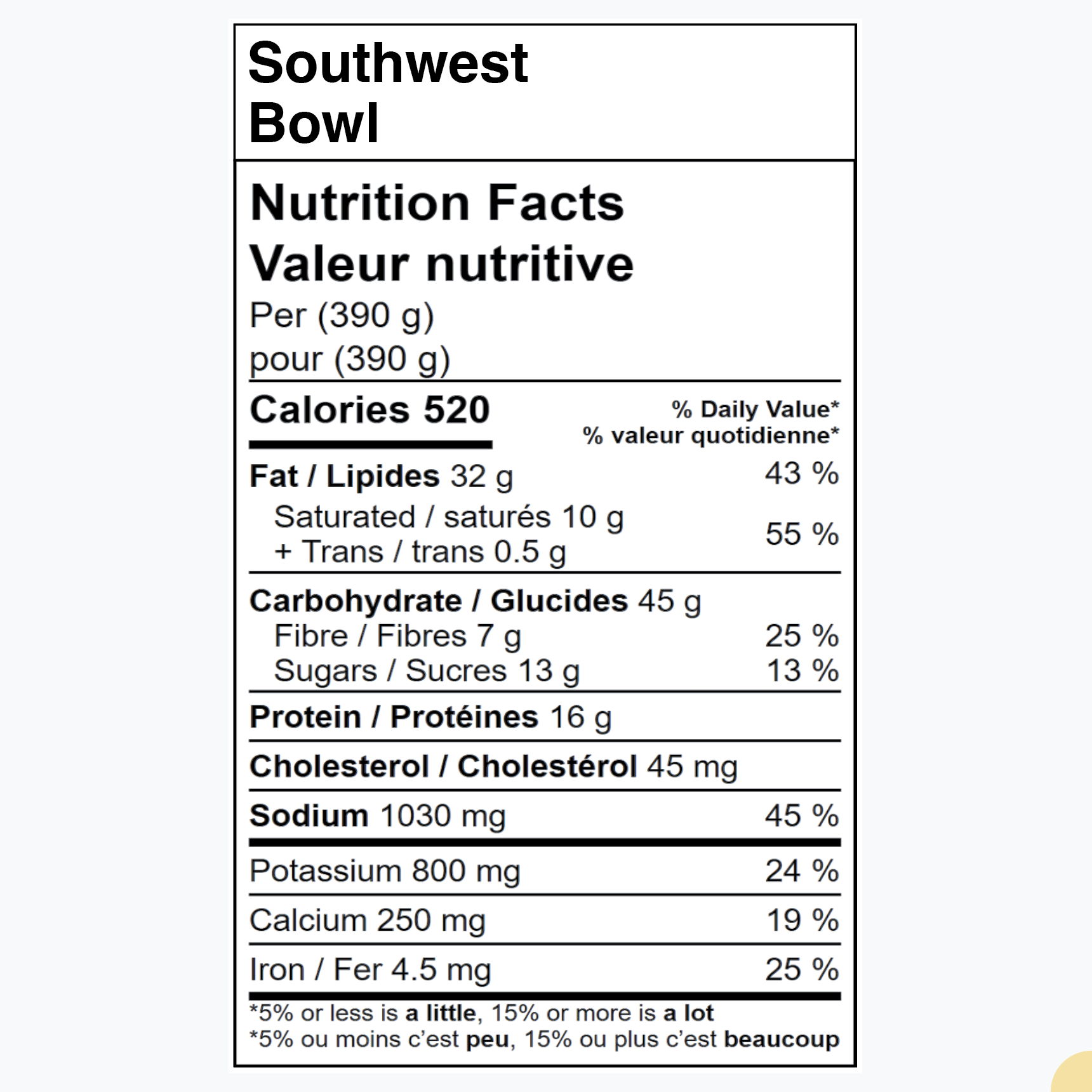 Southwest Bowl nutrition facts, including calories, fat, carbohydrates, protein, and minerals.