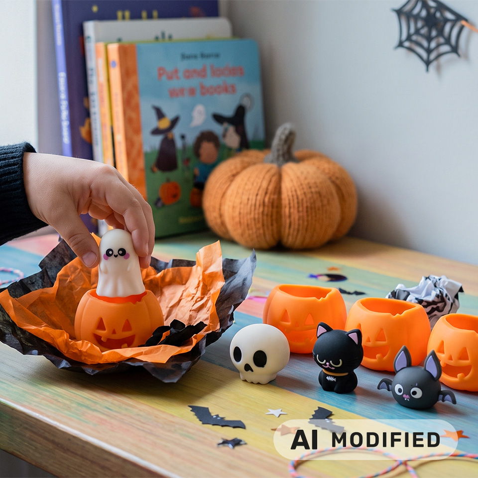 Une main tenant un jouet fantôme parmi des décorations d’Halloween et des livres.