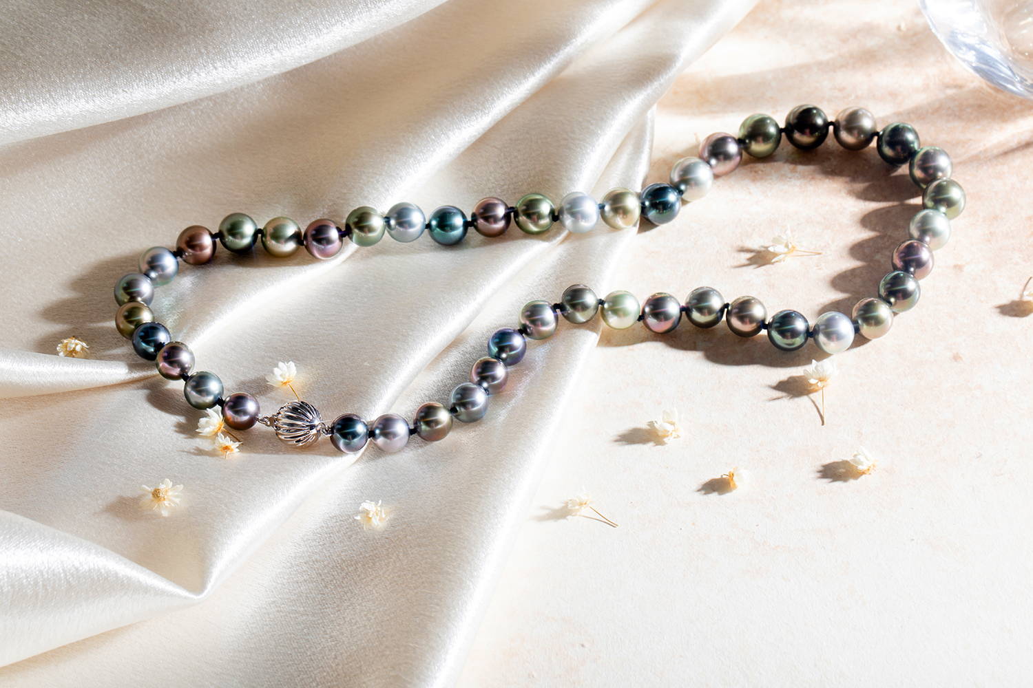 Tahitian Pearl Necklace on Cream Silk