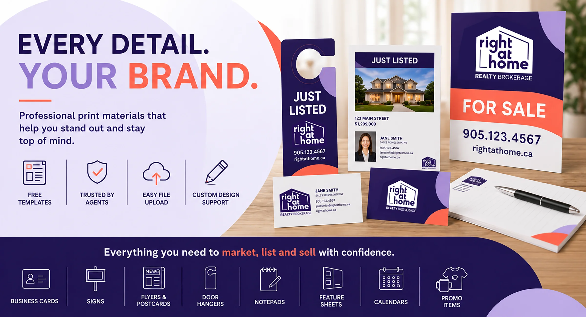 Right At Home Realty business cards, signs, feature sheets and marketing materials printed by New Era Print Solutions.