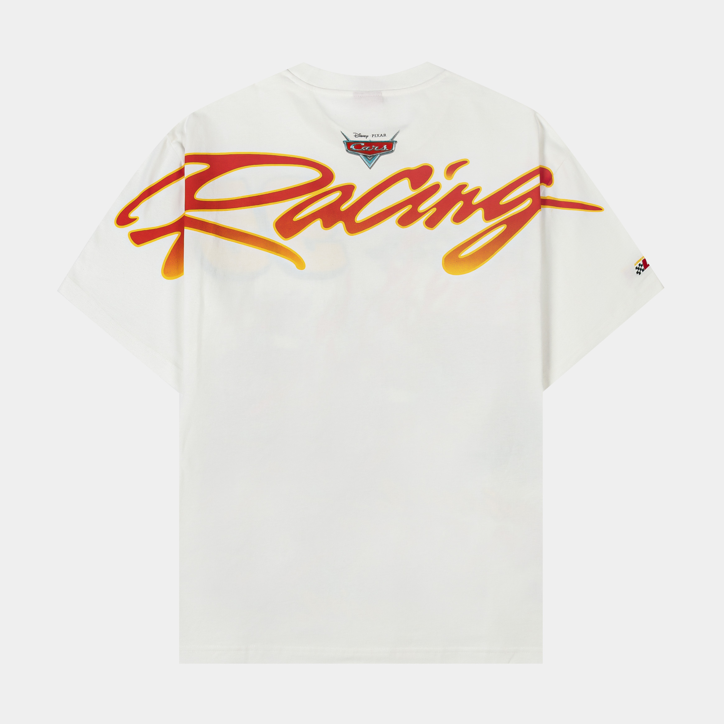 White t-shirt featuring Lightning McQueen with flames and the number 95.