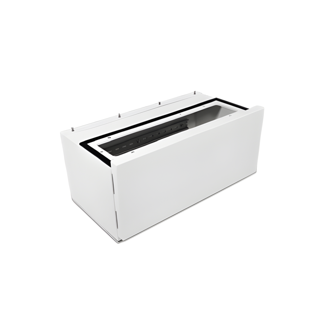 White rectangular container with a transparent top and black interior.