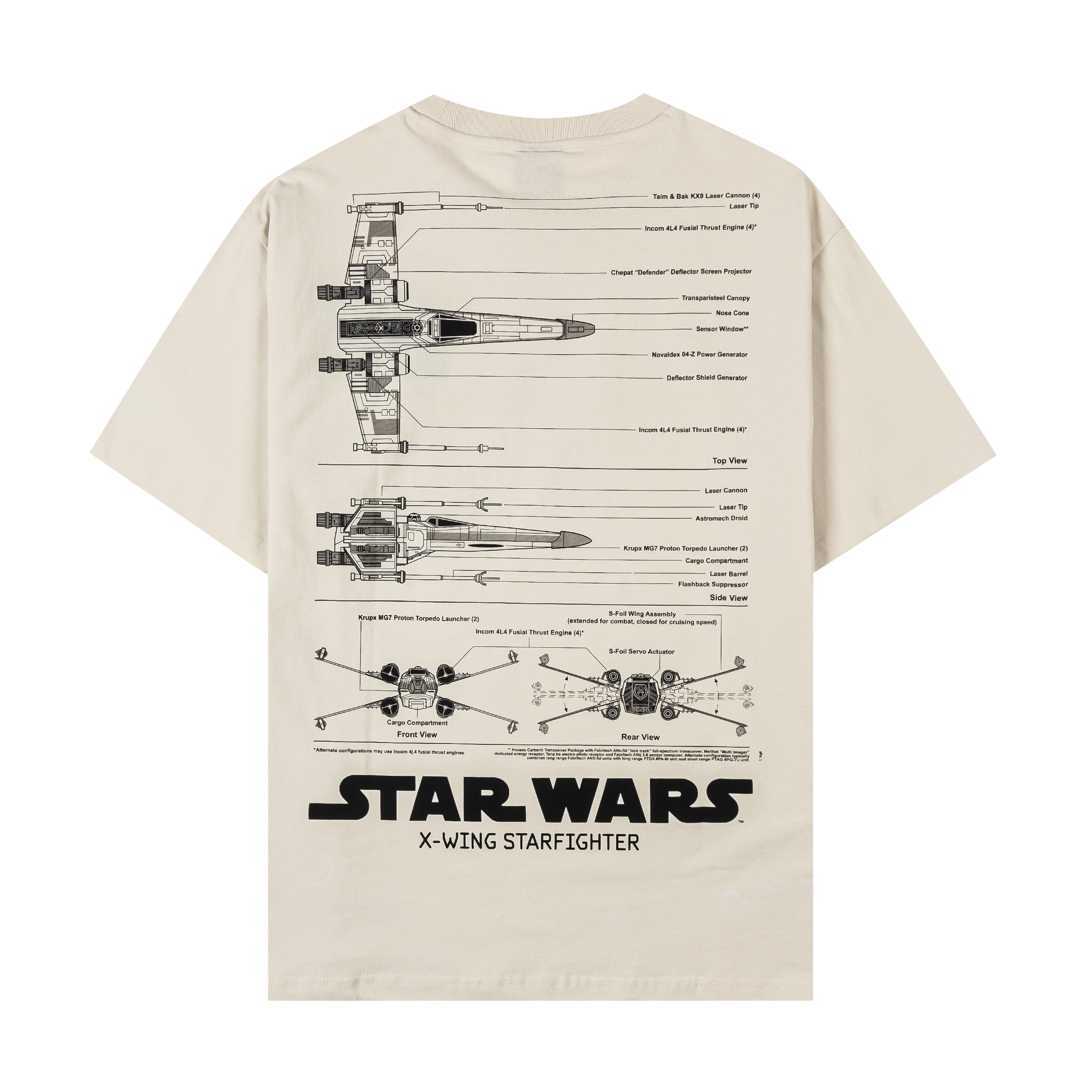 Beige Star Wars graphic t-shirt with various printed designs.