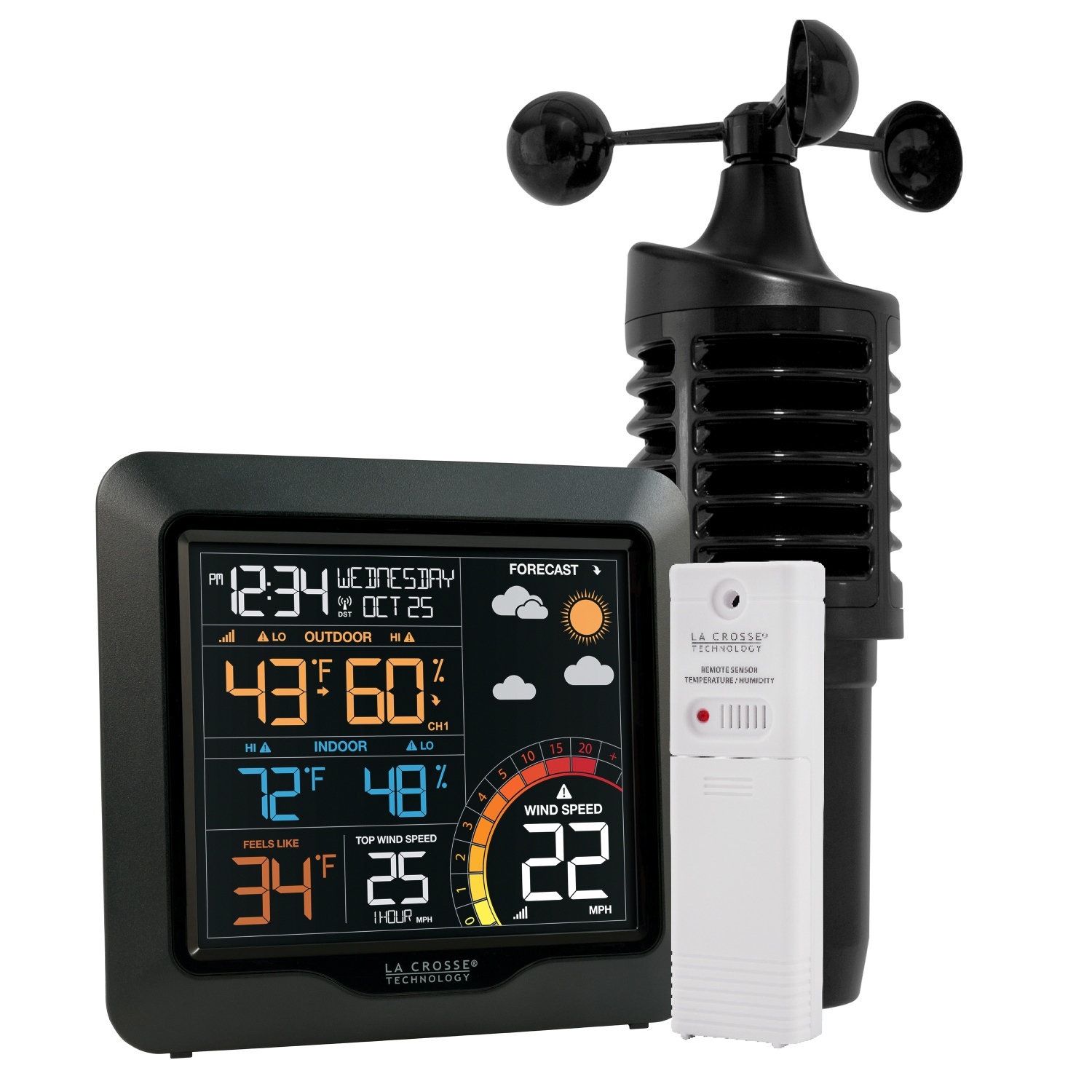 327-1417 Digital weather station with wind sitting next to a small potted plant on a table.