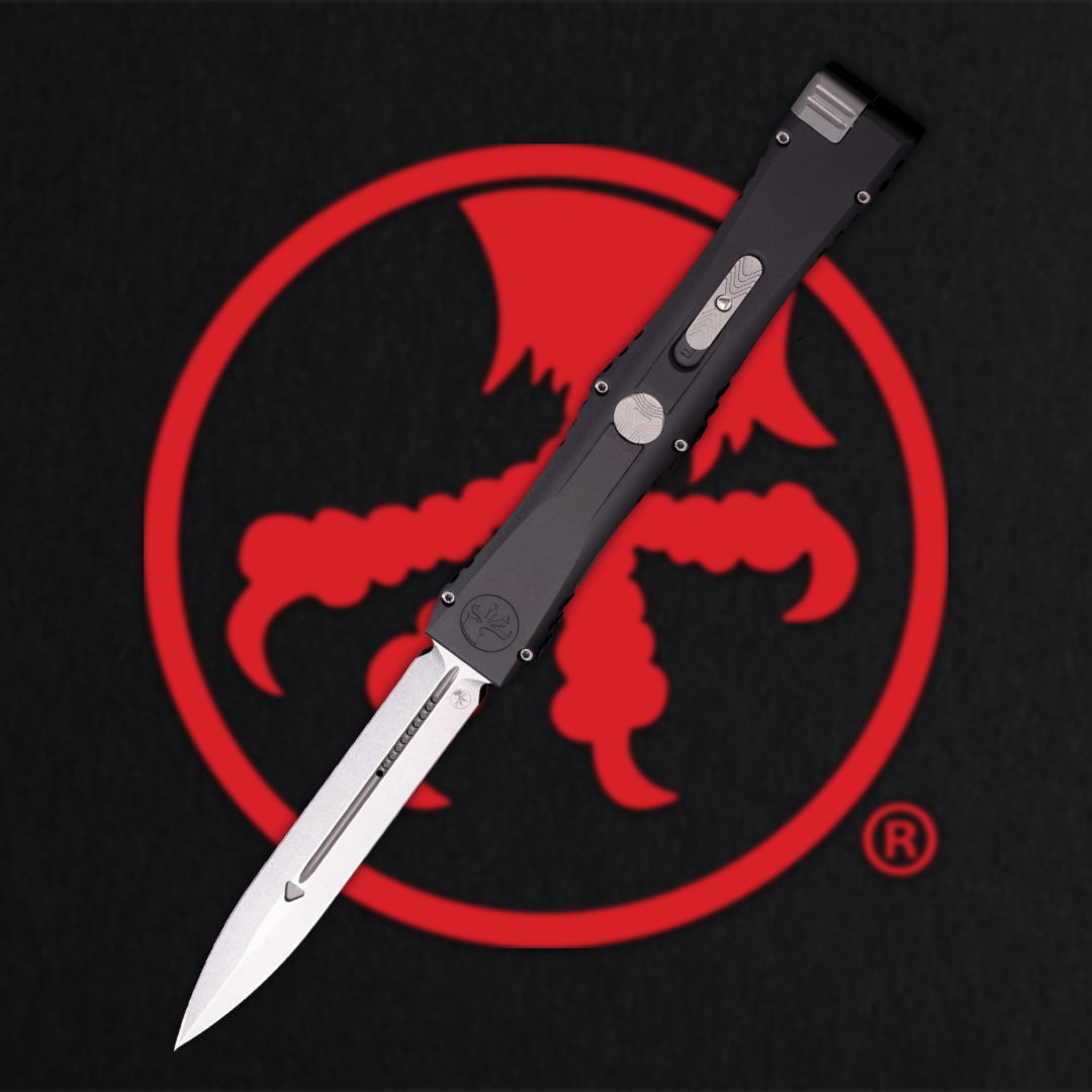 A knife with a black handle on a red octopus logo background.