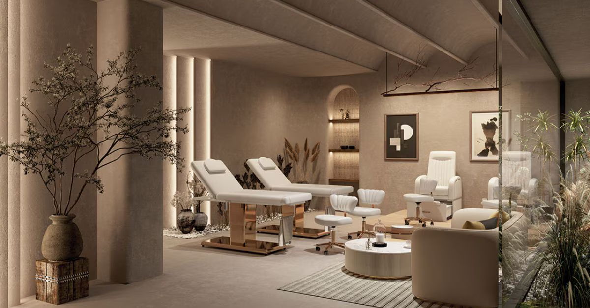 A modern spa interior with treatment beds and stylish decor.