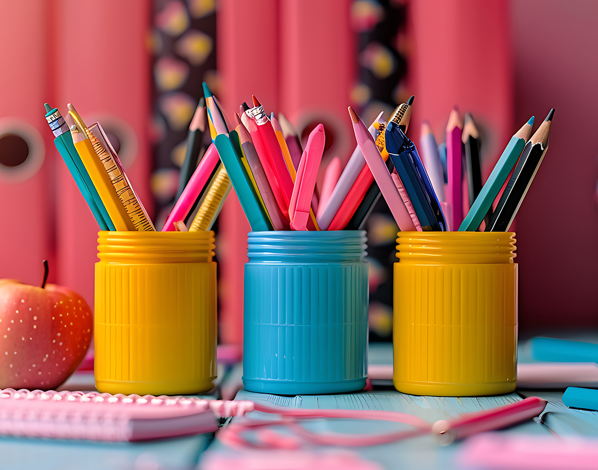 Colorful pencils in jars on a vibrant desk with an apple.