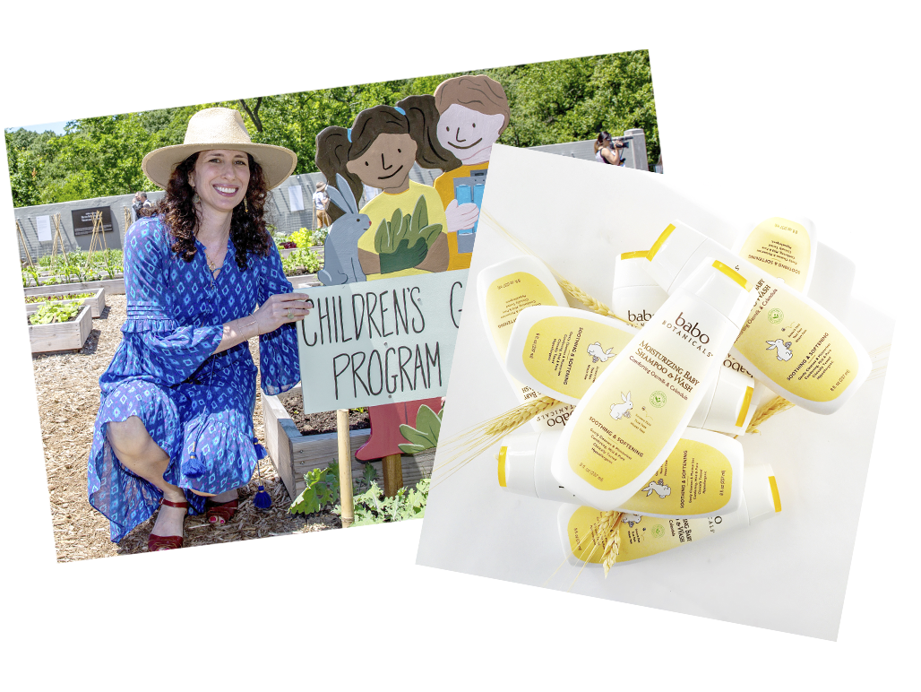 A collage of Babo Botanicals founder Kate Solomon with her product Moisturizing Baby Shampoo & Wash- Babo Botanicals