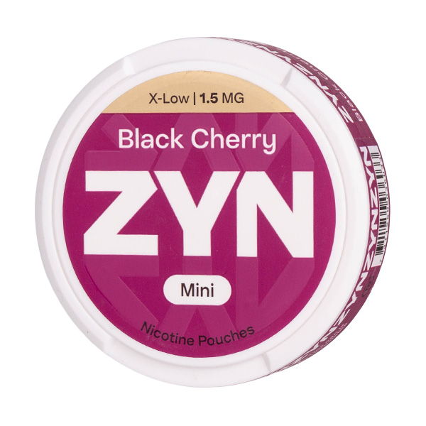 Container of Zyn nicotine pouches, Black Cherry flavour, 1.5 mg, mini size.