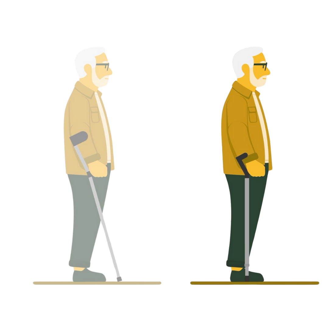 Side-by-side illustration comparing an older man using forearm crutches on the left with the same man using the Y-Cane on the right. The forearm crutches are angled forward while the Y-Cane is in-line with the leg.
