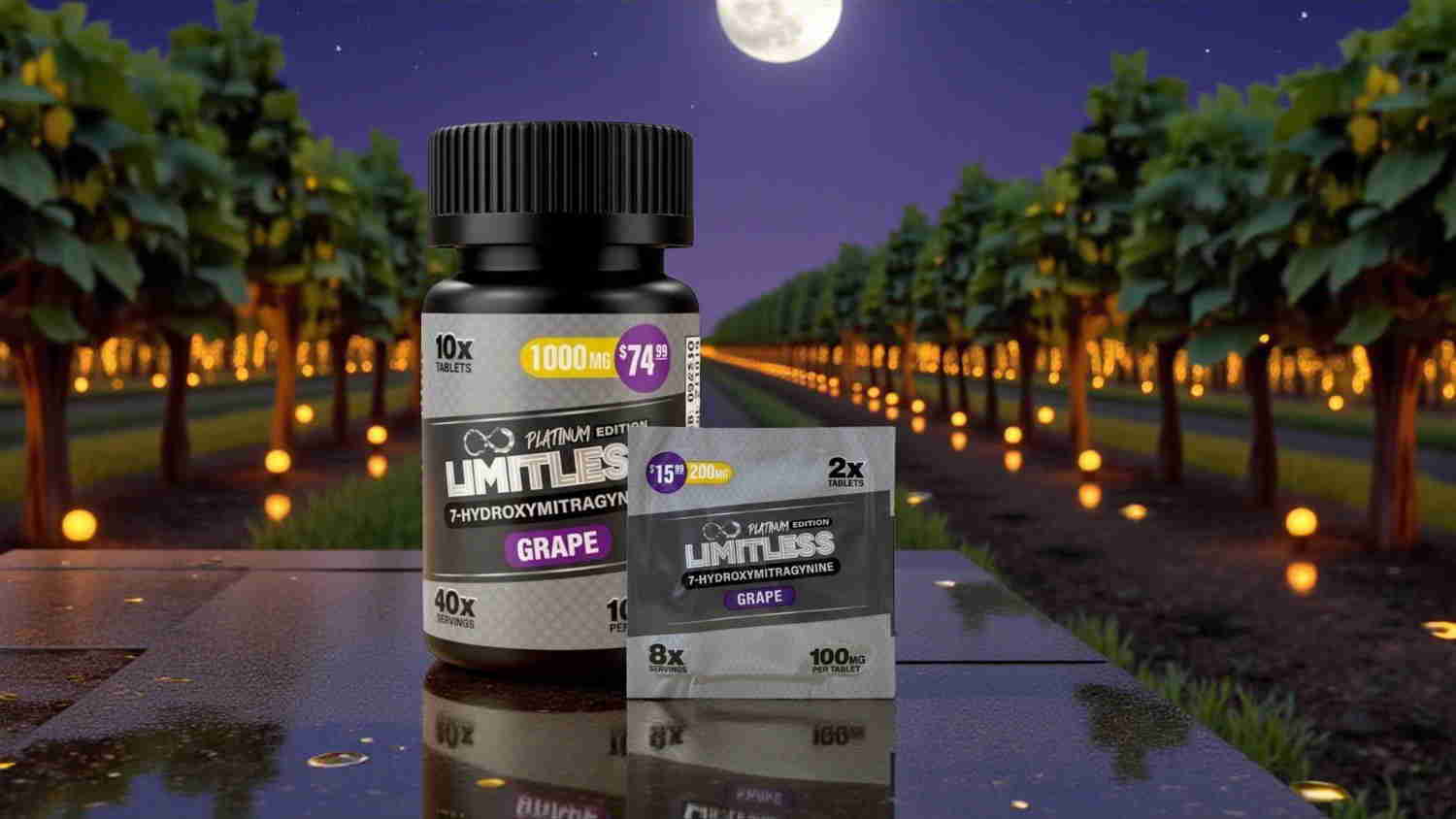 Bottles of supplements displayed outdoors under a moonlit sky with trees.