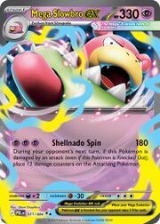 Mega Slowbro EX Pokémon card with colorful design and attack details.