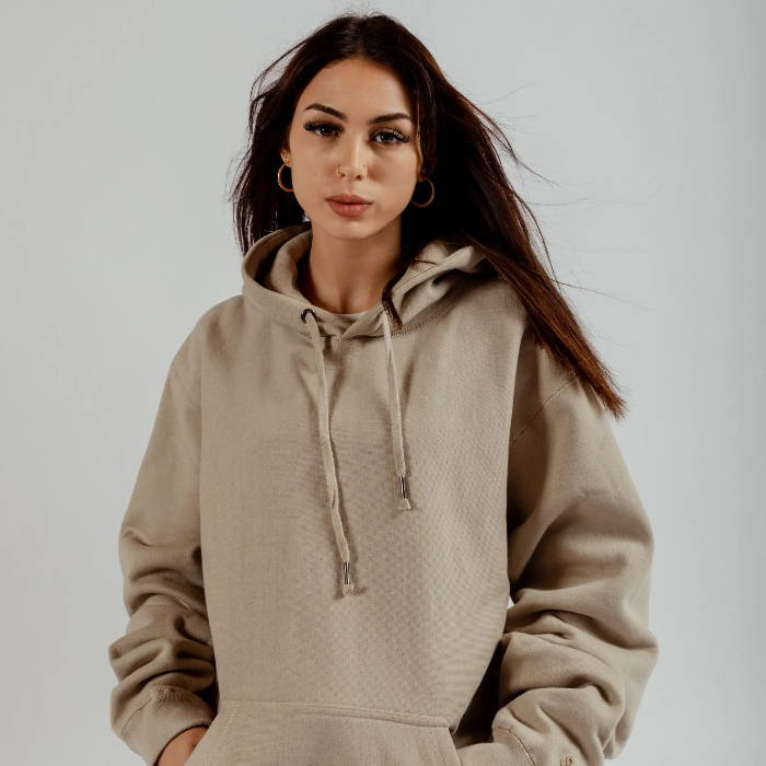 female model wearing brown hoodie