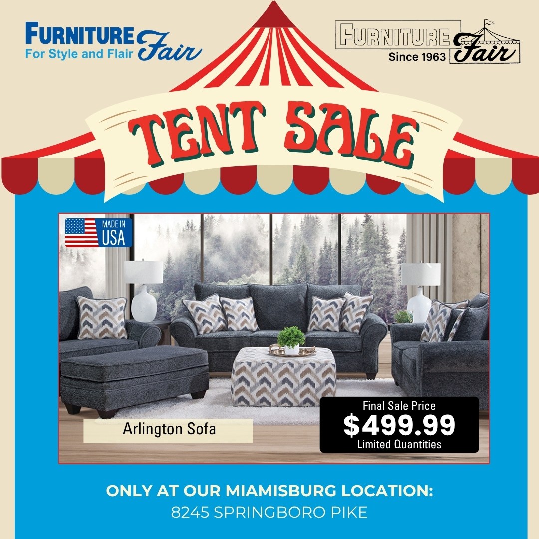 Tent sale advertisement featuring Arlington Sofa priced at $499.99.