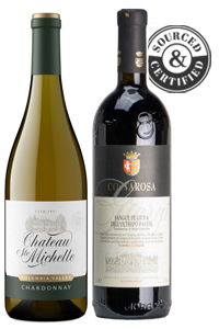 Two wine bottles with labels and a certification emblem.