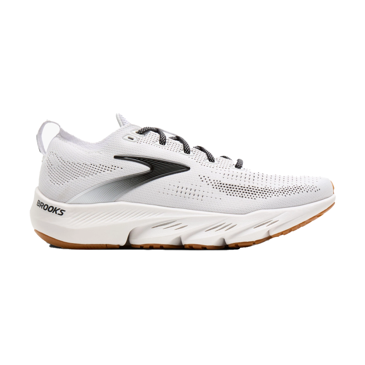 White athletic shoe with black accents and a gum sole.