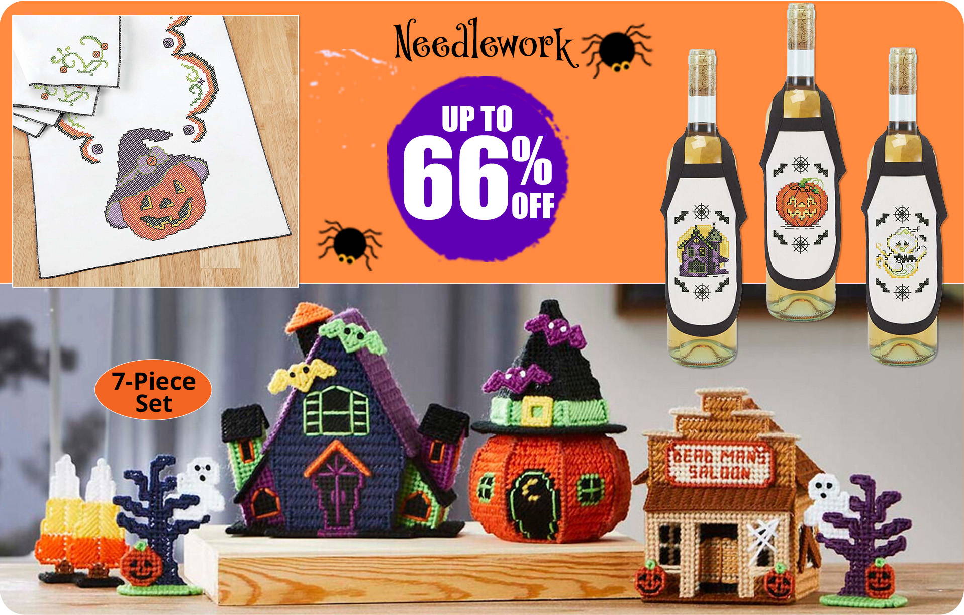 Needlework up to 50% off. Image: Halloween Village II Plastic Canvas kit and other featured projects.