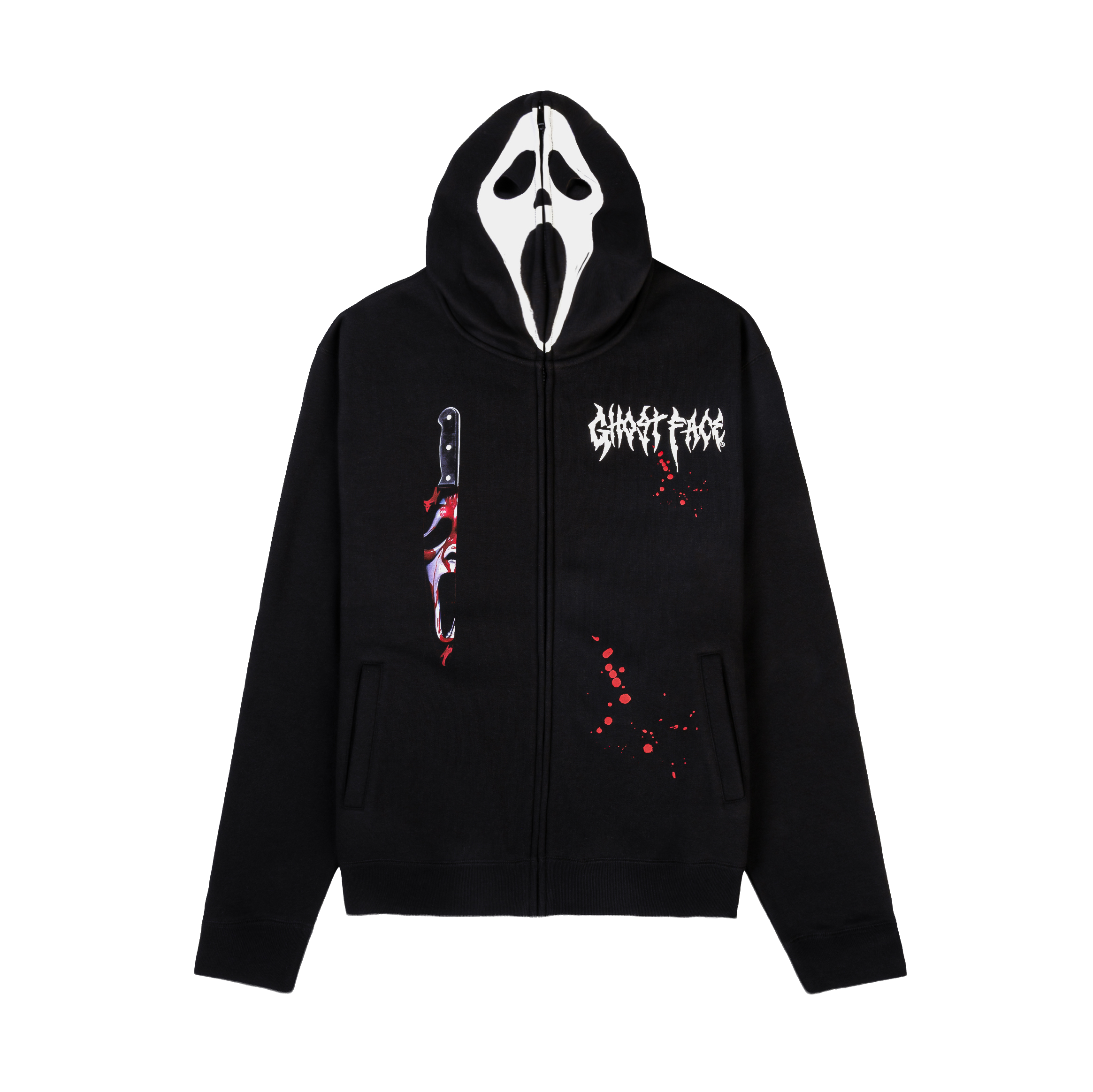 Black hoodie featuring a ghost mask and knife design.