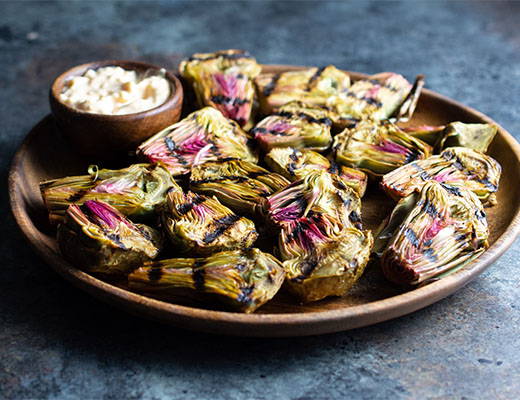 Grilled Baby Purple Artichokes with Shredded Parmesan Chipotle Aioli