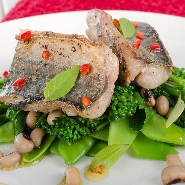 High Quality Organics Express Fish with black eyed peas and broccoli