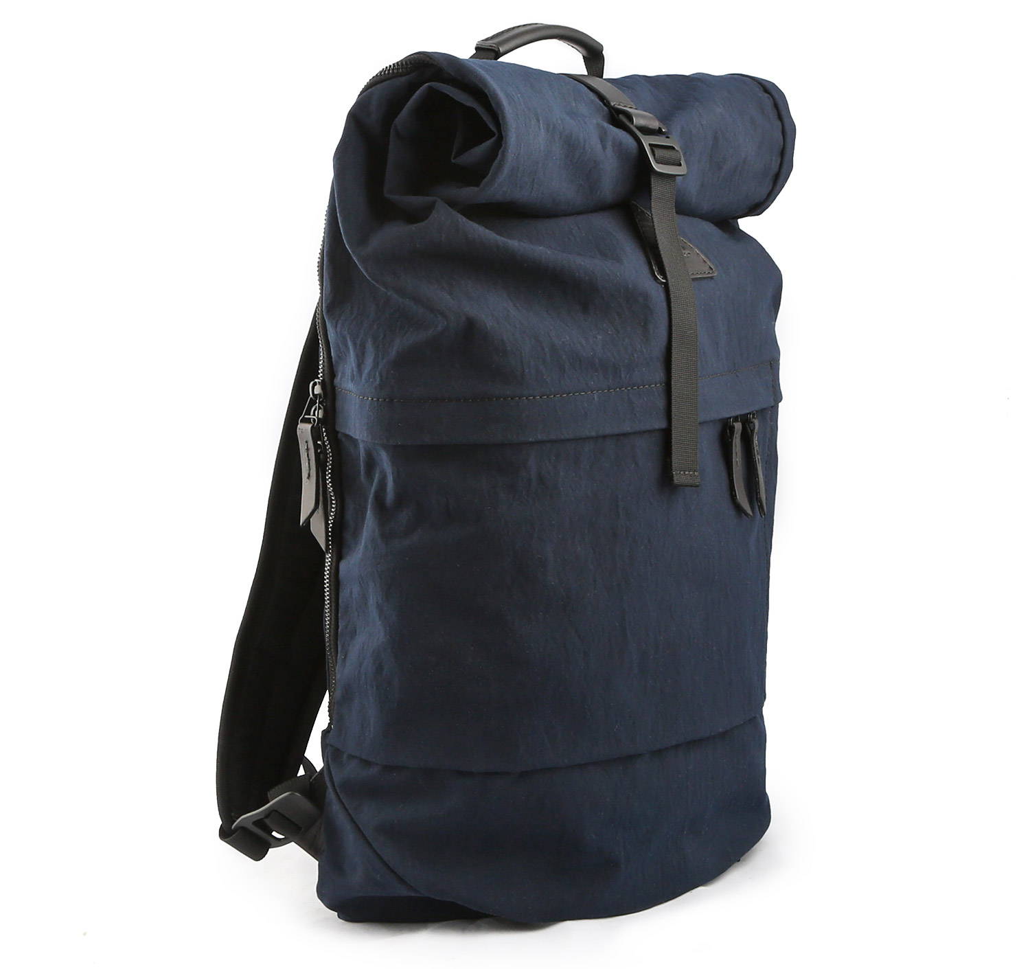 A navy blue roll top back pack.