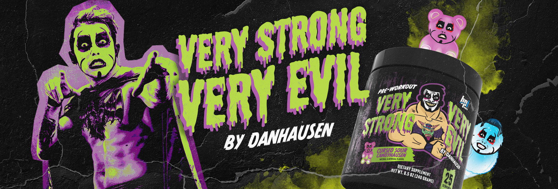 Picture of Danhausen and product. Very Strong Very Evil By Danhausen