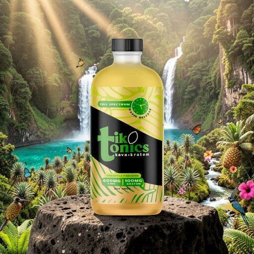 A bottle of tonic drink in a lush, tropical landscape with waterfalls.