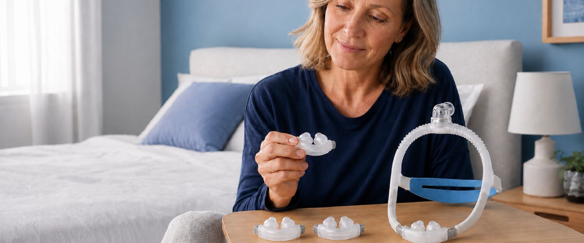 Woman examining items on a table in a bedroom setting.
