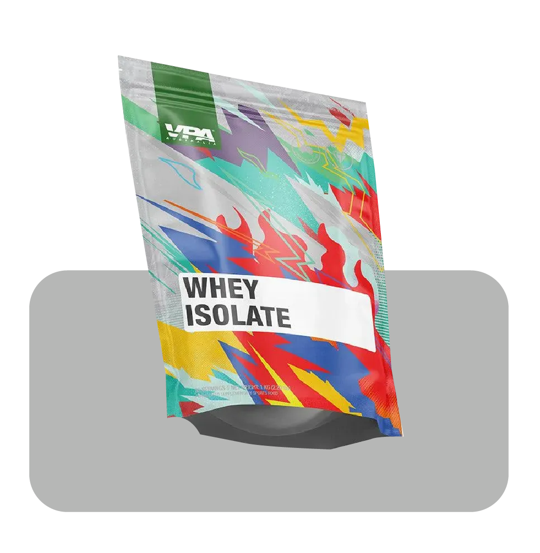 Colorful whey isolate protein powder packaging.